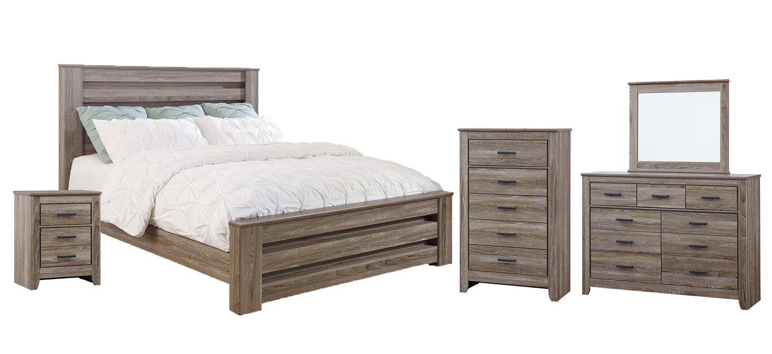 Zelen King Panel Bed with Mirrored Dresser, Chest and Nightstand