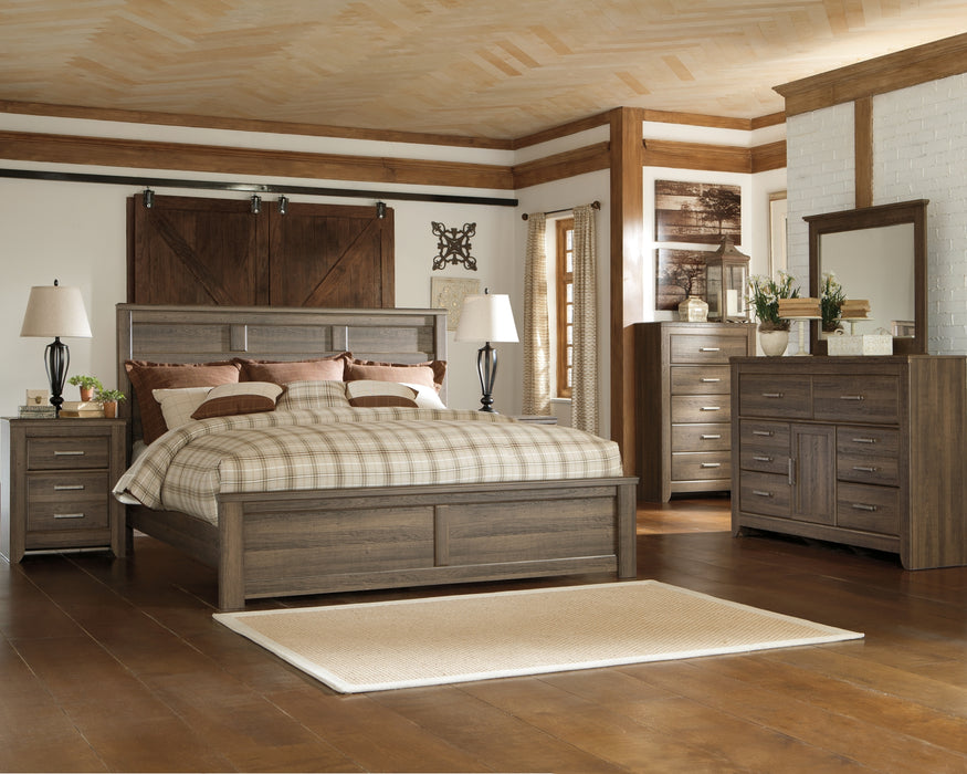 Juararo King Panel Bed with Mirrored Dresser and 2 Nightstands