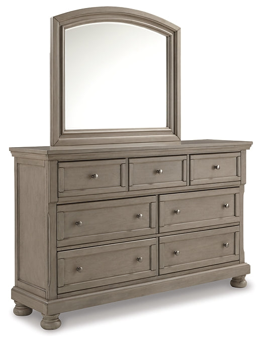 Lettner California King Panel Bed with Mirrored Dresser and 2 Nightstands