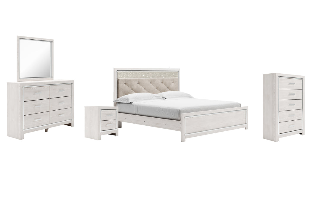 Altyra King Panel Bed with Mirrored Dresser, Chest and Nightstand