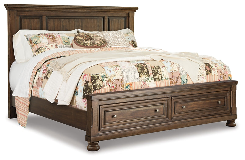 Flynnter California King Panel Bed with 2 Storage Drawers with Mirrored Dresser, Chest and Nightstand