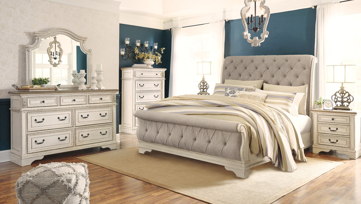 Realyn California King Sleigh Bed with Mirrored Dresser, Chest and Nightstand