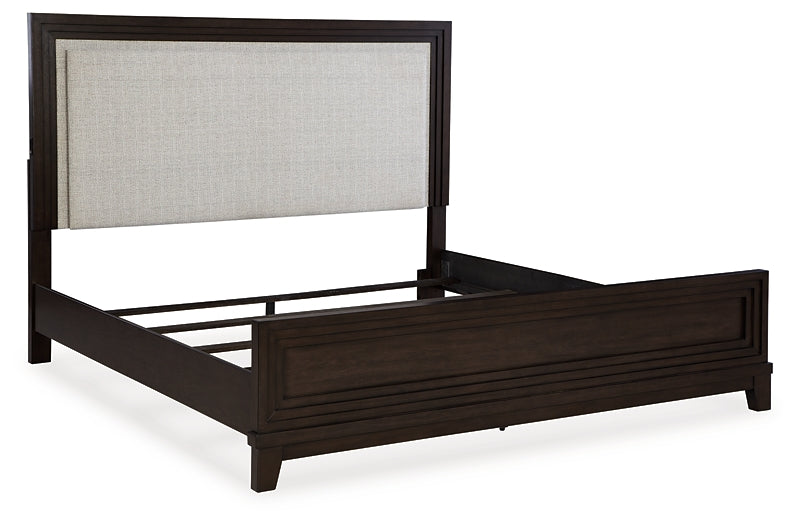 Neymorton Queen Upholstered Panel Bed with Mirrored Dresser and Chest